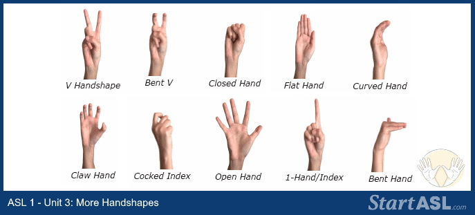 ASL1-Unit3_More-Handshapes | Start ASL Diagram of ASL handshapes with labels: V handshape, Bent V, Closed Hand, Flat Hand, Curved Hand, Claw Hand, Cocked Index, Open Hand, 1-Hand/Index, Bent Hand as shown in a learning sheet.