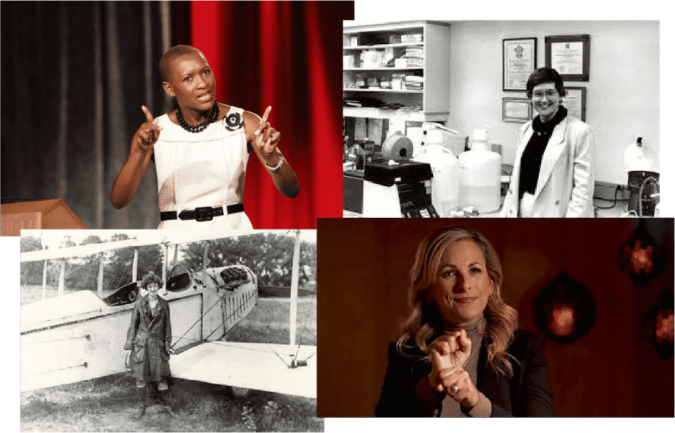 [Image Description: Four images showing each well-known successful Deaf people such as Claudia Gordon (Lawyer), Dr. Judith Ann Pachciarz (Doctore), Nellie Zabel Willhite (Pilot), and Marlee Matlin (Actor)]