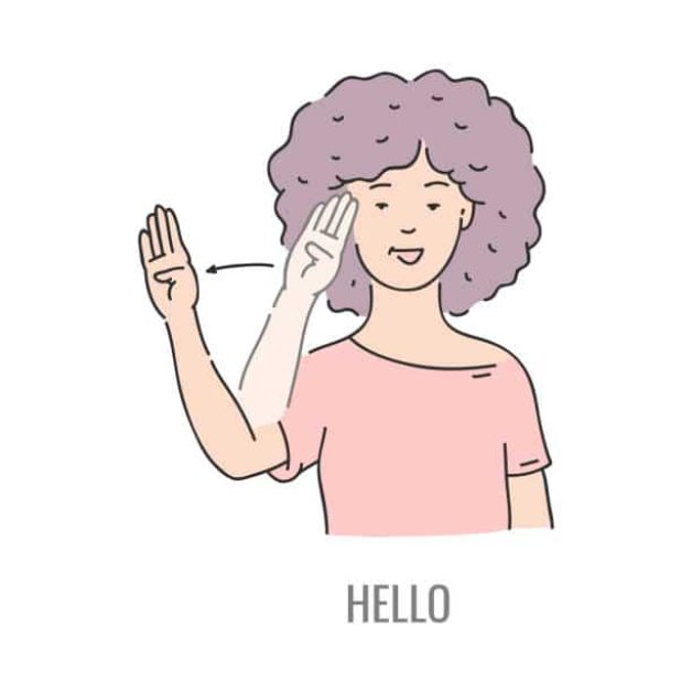 Vector woman showing hello deaf-mute sign language symbol. Smiling sketch female character and hand communication greeting sign. Different social communication, basic word
